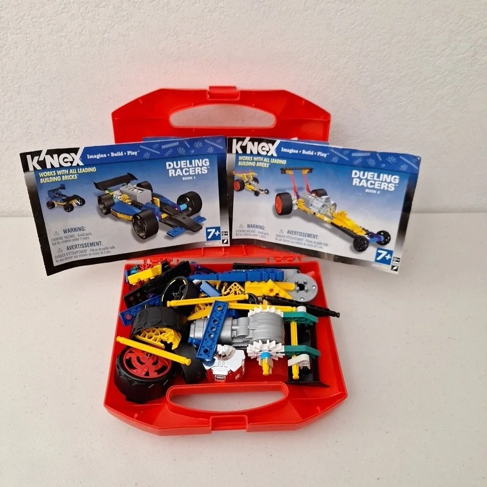 K'NEX Kinex Red Hard Box Case Filled with Knex !! Dueling Racers Book 1 & 2